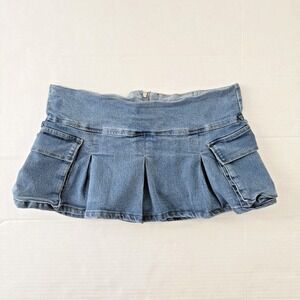Y2K Denim Micro Mini Pleated Skirt Skort Low Rise Indie Sleaze Pockets Size L